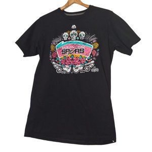 San Antonio Spurs Majestic Medium T Shirt Day Of The Dead Sugar Skulls Black NBA